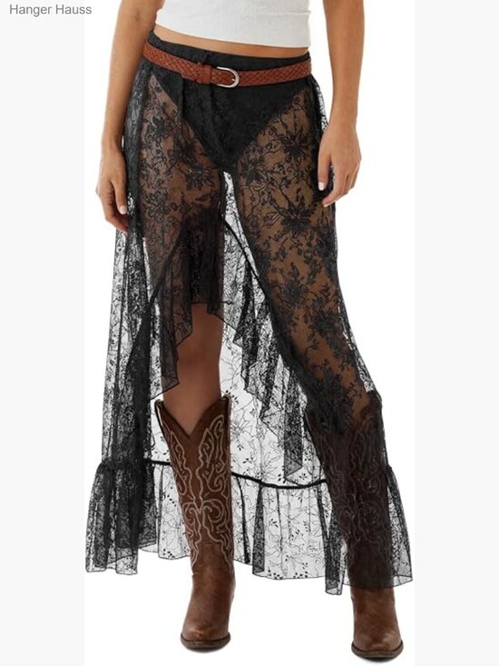 Dresses & Skirts - Lace Maxi Skirt Sheer High Low Asymmetrical Beach Cover-up Y2K